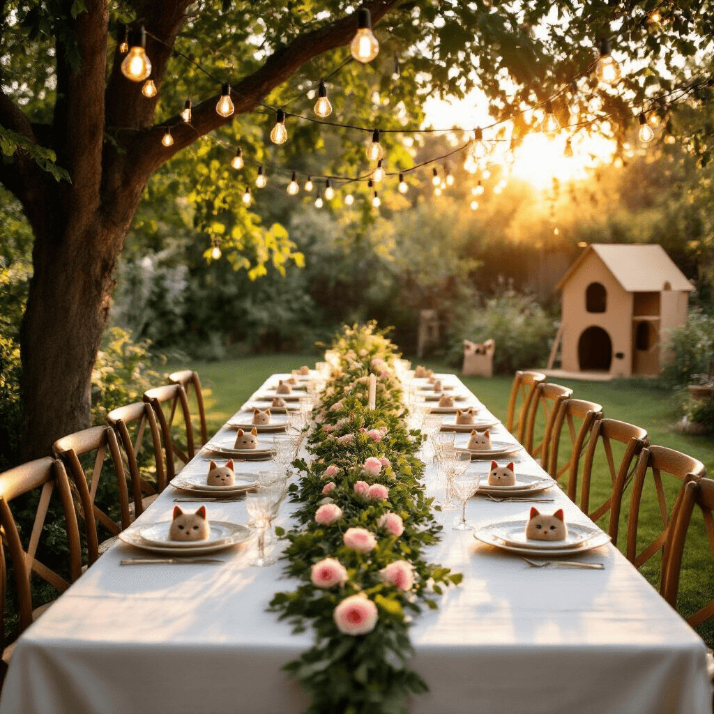 An intimate outdoor garden party at golden hour, featuring a long farmhouse table with white linen, a greenery runner with pink roses, vintage china, cat-eared place cards, crystal glassware, and Edison bulb lighting, alongside a tree with a homemade cardboard cat playground.