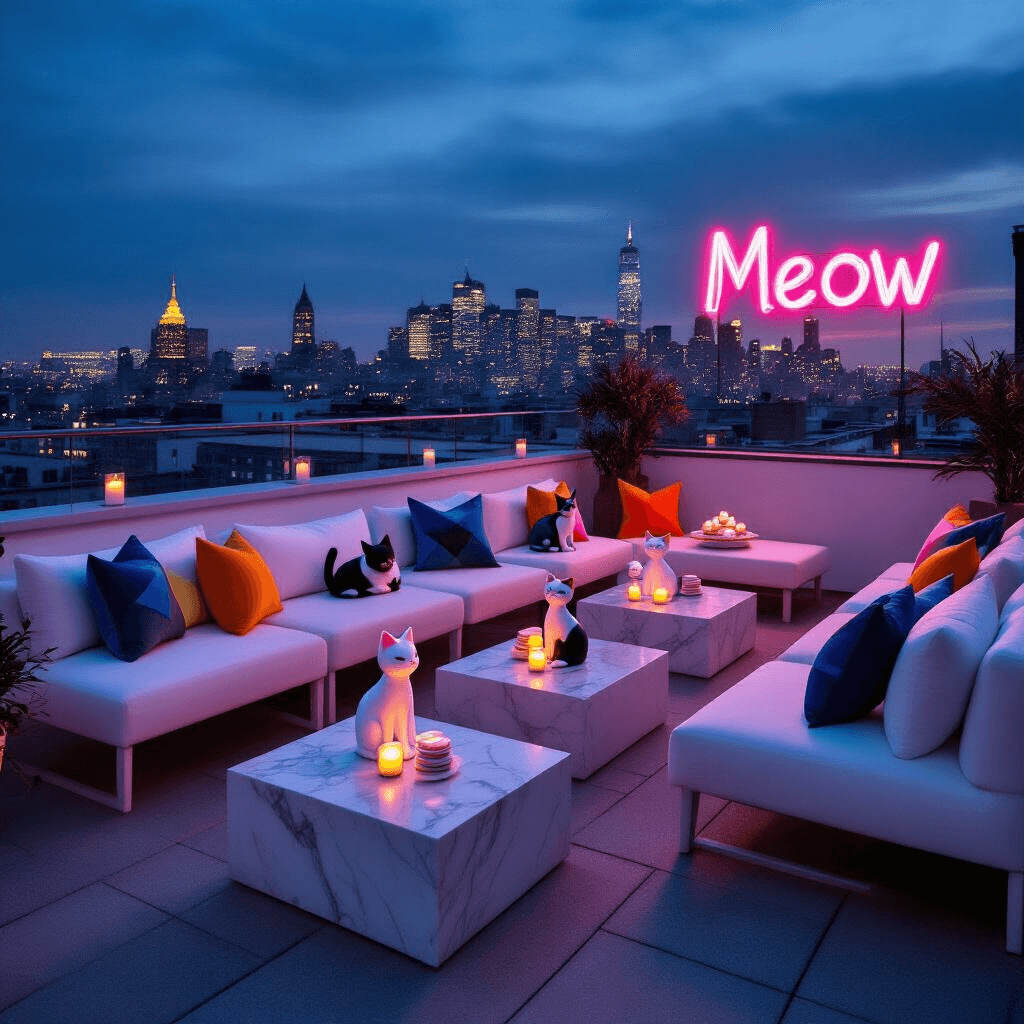 A chic rooftop terrace at night, featuring minimalist white lounge furniture and bold primary color cat-themed decor, with a neon 'Meow' sign, city skyline backdrop, and a dessert station of cat-themed macarons.