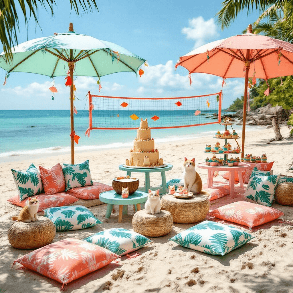 A whimsical beachfront setup for a summer kitty celebration featuring low aqua and coral tables with floor cushions, tropical leaf-print linens, cat-shaped coconut cups, a sandcastle cake with tiny cat figurines, oversized beach umbrellas with fish-shaped wind chimes, and a volleyball net decorated with streamers and cat-shaped balloons.