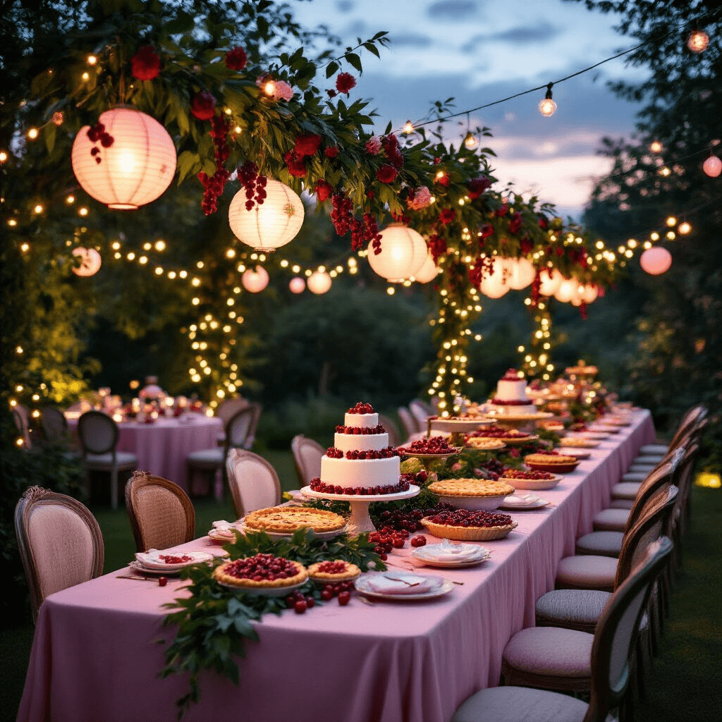 An enchanting evening garden party set at dusk, featuring twinkling fairy lights and paper lanterns, long blush pink tables adorned with greenery and deep red flowers, mismatched vintage chairs, and a dessert station with various cherry-themed desserts, all captured in a cinematic wide shot that highlights the magical ambiance.