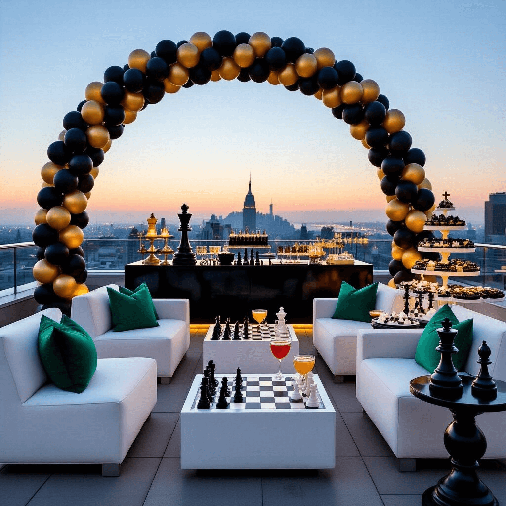 A stylish rooftop terrace party at twilight with sleek white lounge furniture, low tables with built-in chessboards, emerald green and royal blue accent pillows, a dramatic black and gold balloon arch, oversized chess pieces as art, a bar serving chess-themed cocktails in pawn and knight glasses, and a dessert station featuring chess-inspired treats like black and white macarons and chocolate truffles.