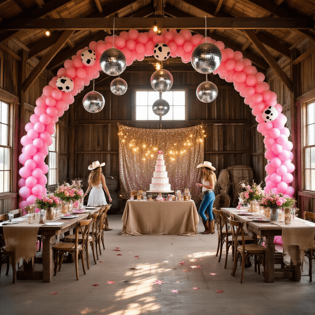 A whimsical cowgirl disco paradise inside a rustic barn, featuring a pink balloon arch with cow print accents and disco balls hanging from wooden beams. The scene includes burlap-dressed tables with metallic star confetti and pink floral arrangements in mason jars, a sparkling sequin backdrop behind a cake decorated with fondant cowboy boots, and guests in cowboy hats and boots dancing in golden hour light.
