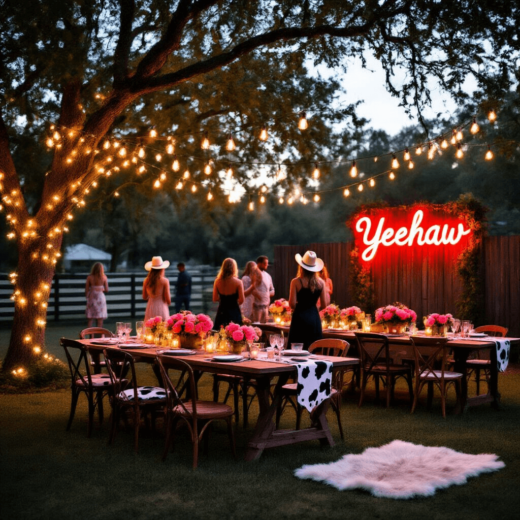 An intimate backyard setting at dusk featuring a chic cowgirl soiree with fairy lights and lanterns, long farmhouse tables with cow print runners and pink ranunculus centerpieces, a DIY horseshoe garland, and a stylish photo booth area with props. Silhouettes of guests mingling with cocktails against the dusky sky.