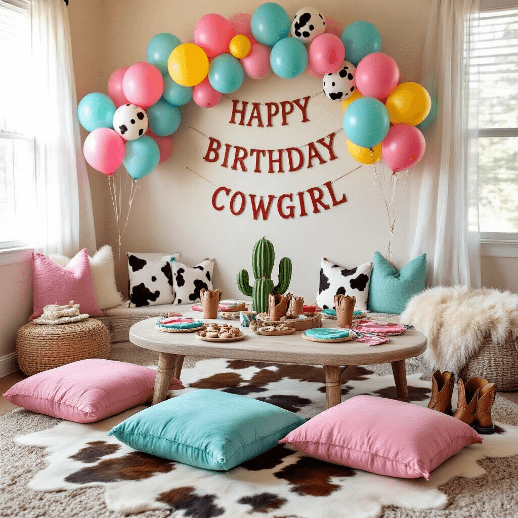 Bright and cheerful kids' cowgirl birthday setup in a cozy living room with a low table surrounded by colorful floor cushions, featuring personalized bandana place settings, cactus-shaped cookies, and cowboy boot favors, under a 'Happy Birthday Cowgirl' banner, framed by balloon bouquets and illuminated by soft morning light.