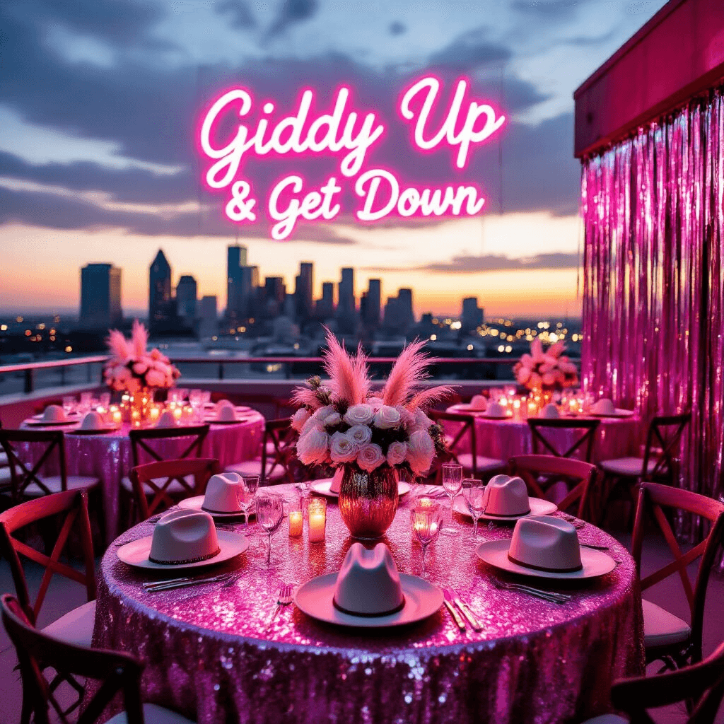 An overhead view of a glamorous rooftop terrace decorated for a 'Disco Rodeo' bachelorette party, featuring round tables with sequined pink linens, metallic cowboy hat vases with white roses and pampas grass, a glowing neon sign that reads 'Giddy Up & Get Down', a champagne tower, cowgirl-themed cupcakes, and shimmering silver mylar fringe curtains with the city skyline at sunset.