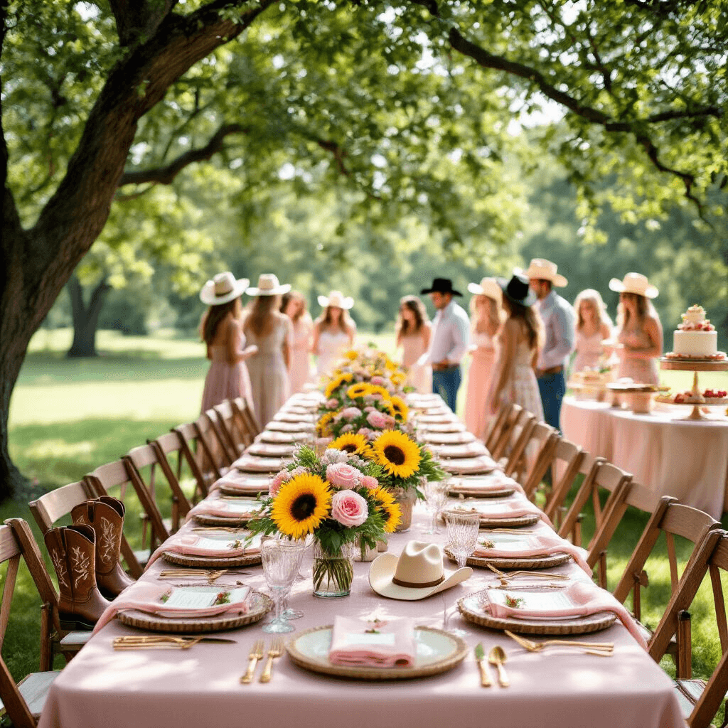 Elegant garden party for a summer birthday, featuring long tables with blush pink linens, sunflowers and pink roses in glass vases, and cowboy boot place card holders, with guests in sundresses and cowboy boots mingling under dappled sunlight.