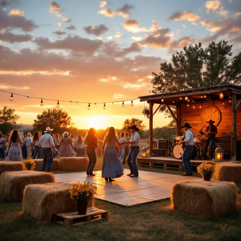 A lively backyard hoedown at sunset, featuring bales of hay for seating, a wooden pallet dance floor, and lanterns creating a cozy ambiance as guests in Western attire dance against a warm orange sky.