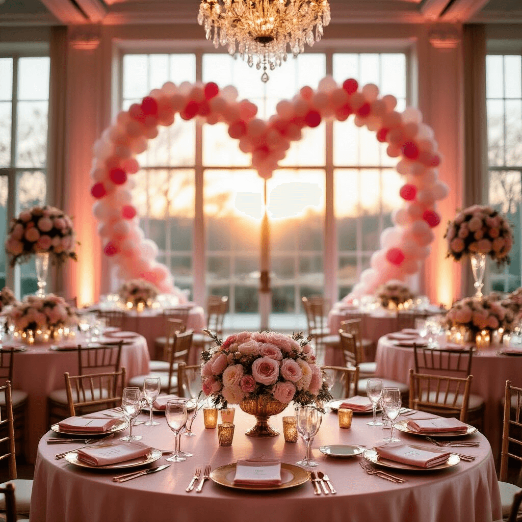 A romantic indoor ballroom featuring blush pink silk-draped tables adorned with floral centerpieces, a heart-shaped balloon arch, twinkling fairy lights, and an ornate dessert cart with a tiered white cake and gold accents.