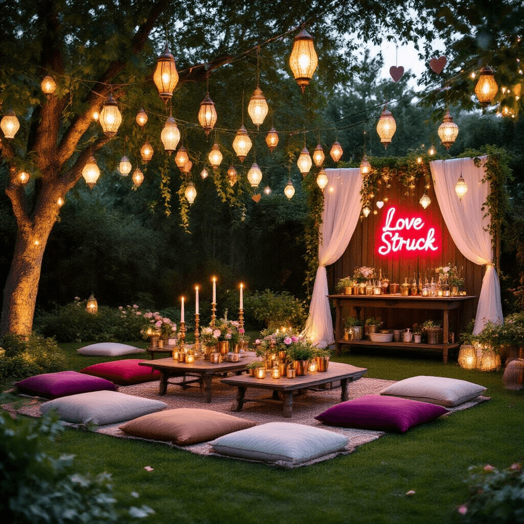 An enchanting backyard garden party at dusk with hanging lanterns and fairy lights. Cozy seating areas with low tables and plush floor cushions in jewel tones are set on a lush lawn. Vintage brass candlesticks and potted succulents decorate the tables. A rustic backdrop with sheer fabric features a neon 'Love Struck' sign and paper heart garlands. A bar cart displays rose-infused cocktails in copper mugs, garnished with flower petals.
