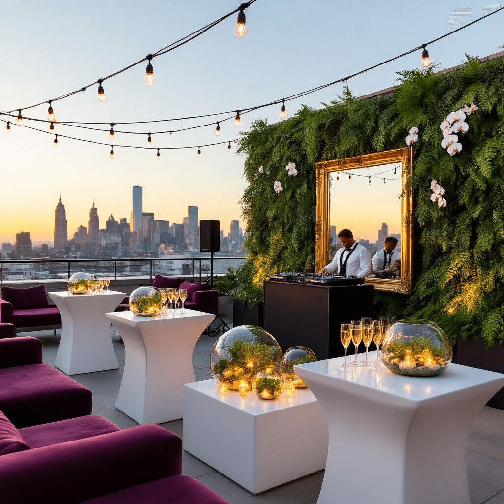 A chic rooftop terrace celebration at sunset with white high-top tables, glass terrariums, a lush vertical garden, champagne flutes, string lights, plush burgundy sofas, a DJ booth, and oversized metallic balloons spelling 'LOVE'.