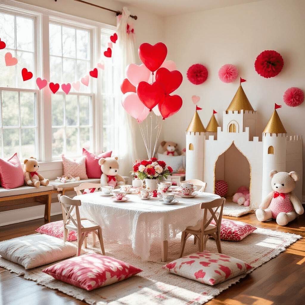 A whimsical kids' Cupid party in a sunlit living room with a low tea party table set with mismatched teacups, surrounded by colorful pillows and chairs, decorated with heart-shaped balloons and homemade garlands, along with a DIY cardboard castle play area.