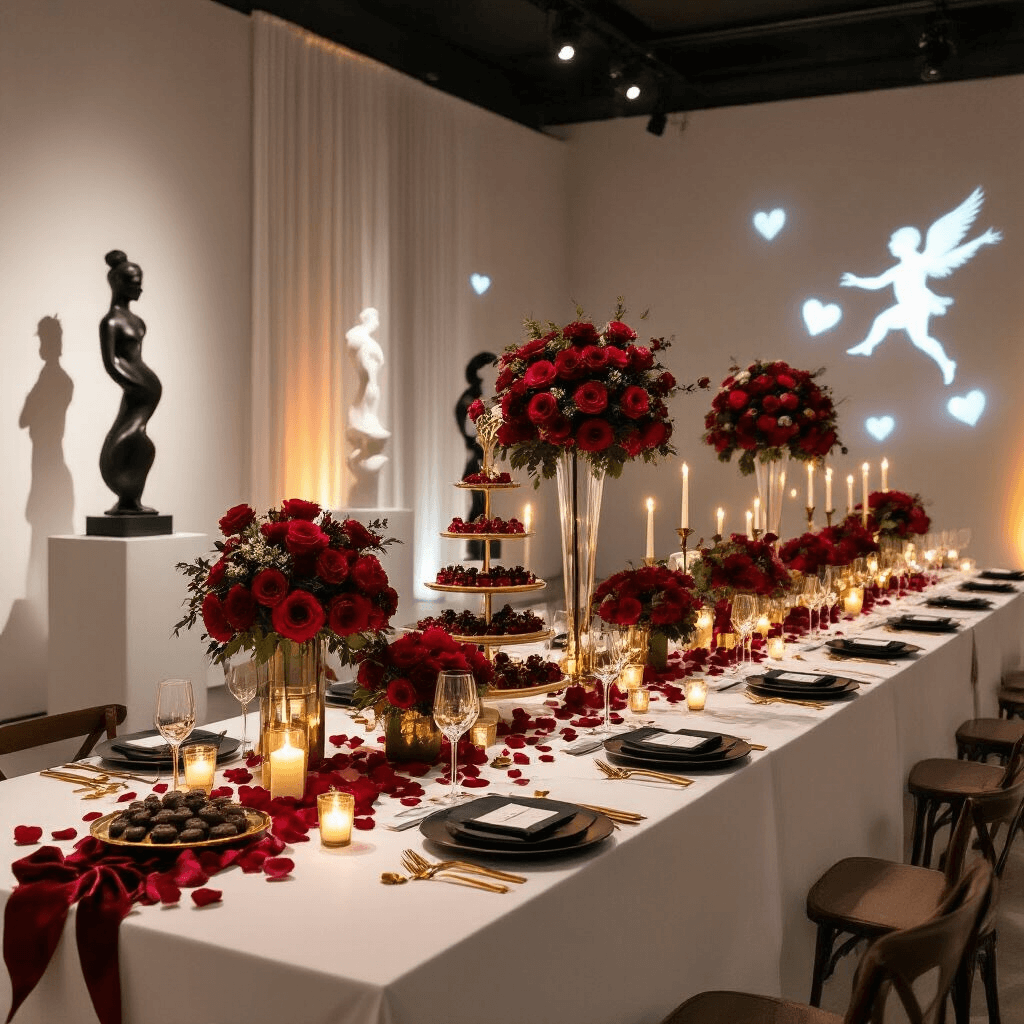 An elegant soirée in a modern art gallery, featuring candlelight, abstract sculptures, minimalist tables with rose petal runners, matte black dinnerware, gold cutlery, and floral arrangements, highlighted by a champagne tower and projected animations.