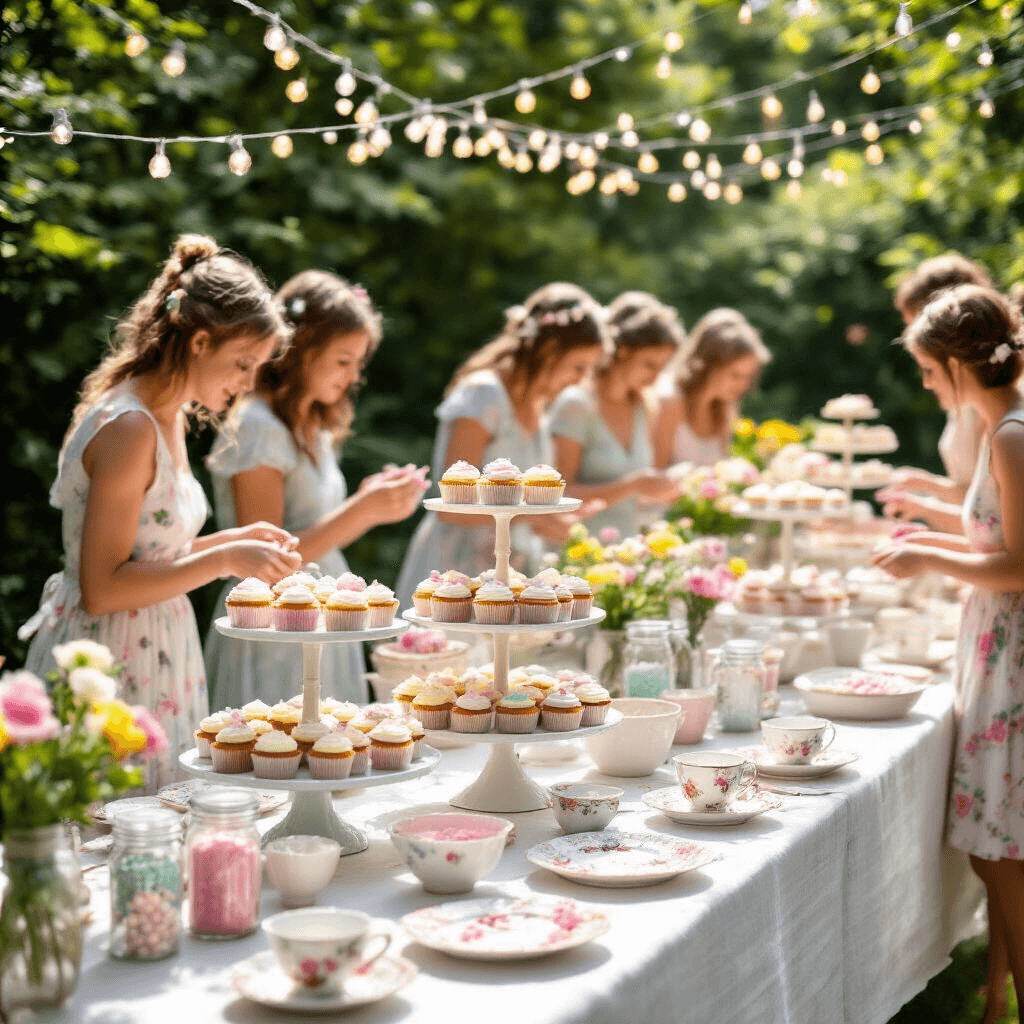 A sunlit garden party featuring a vintage cupcake decorating station with long wooden tables, tiered cake stands with bare cupcakes, mason jars of pastel frostings, colorful sprinkles, and piping bags, all under strings of fairy lights. Guests in summer dresses eagerly approach the charming display adorned with mismatched floral china plates and teacups.