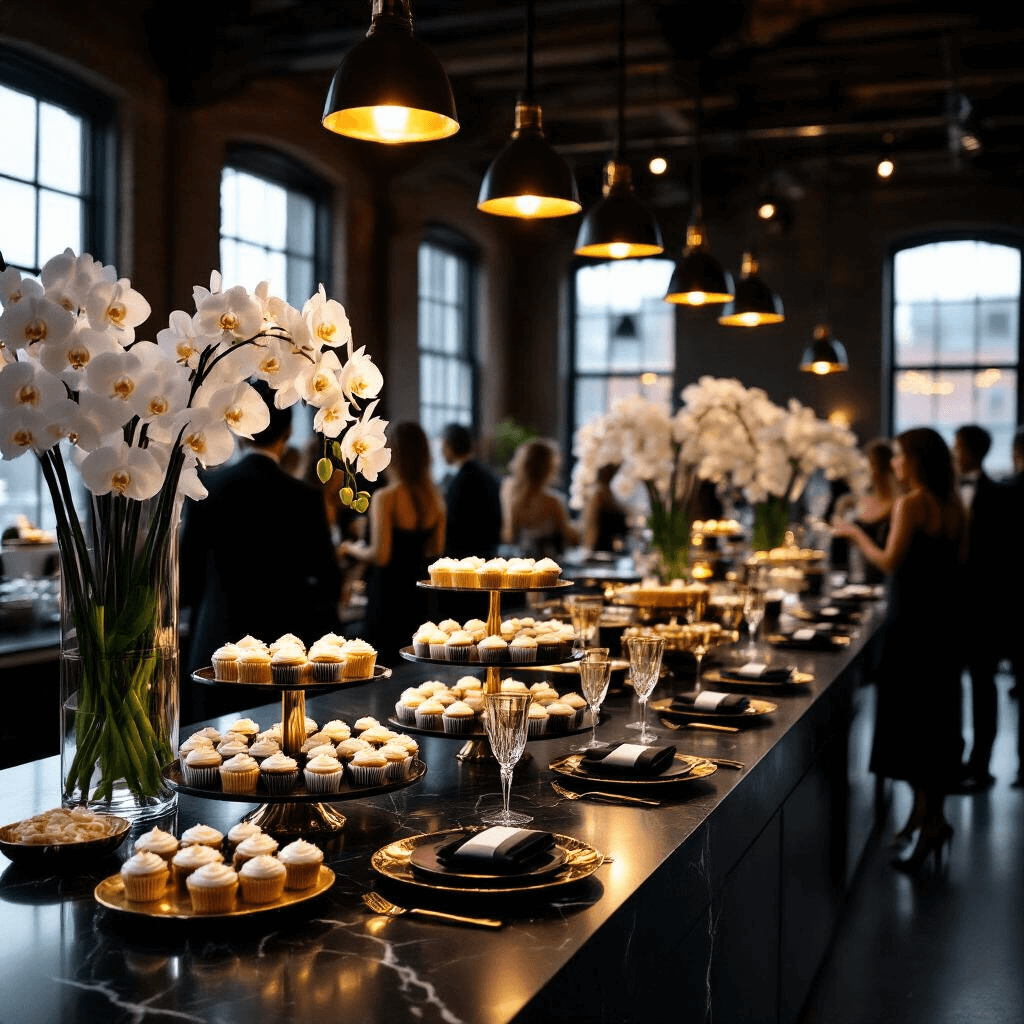 A wide shot of an elegant evening soirée in a dimly lit upscale loft, featuring a sleek black marble countertop with gourmet cupcakes and gold-rimmed plates. Guests in cocktail attire mingle around the cupcake station, their silhouettes highlighted by pendant lights and tall glass vases filled with white orchids.