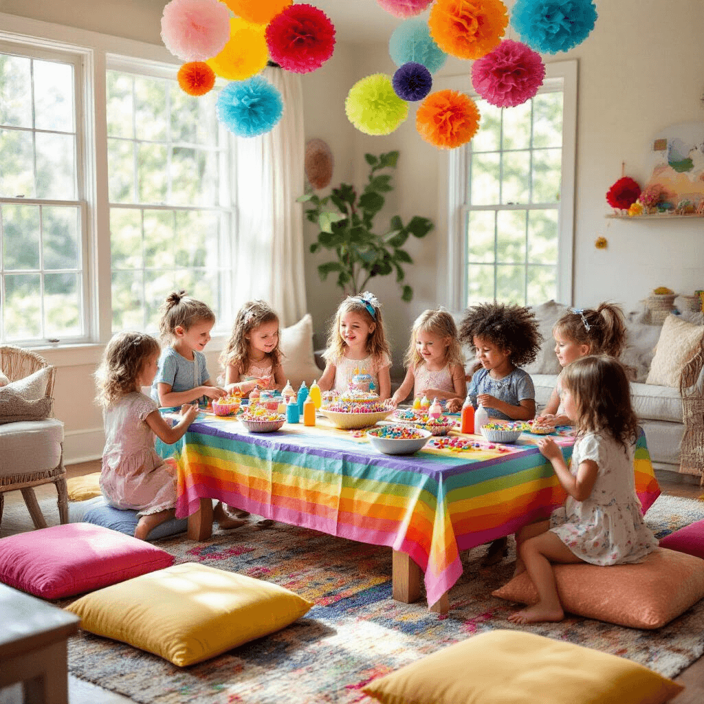 A whimsical children's birthday party in a cozy living room, featuring a low table with a rainbow tablecloth, colorful floor cushions, balloons, and a cupcake station where excited children are decorating cupcakes with frosting and candy toppings.