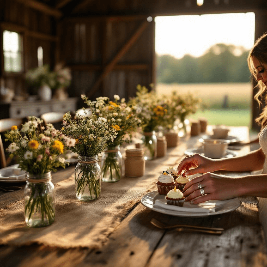 A rustic barn wedding reception at golden hour, featuring weathered wooden tables with burlap runners, mason jars of wildflowers, and a vintage dresser as a cupcake decorating station. The bride and groom's hands are shown close-up, decorating a cupcake together, their new rings sparkling in the warm light.