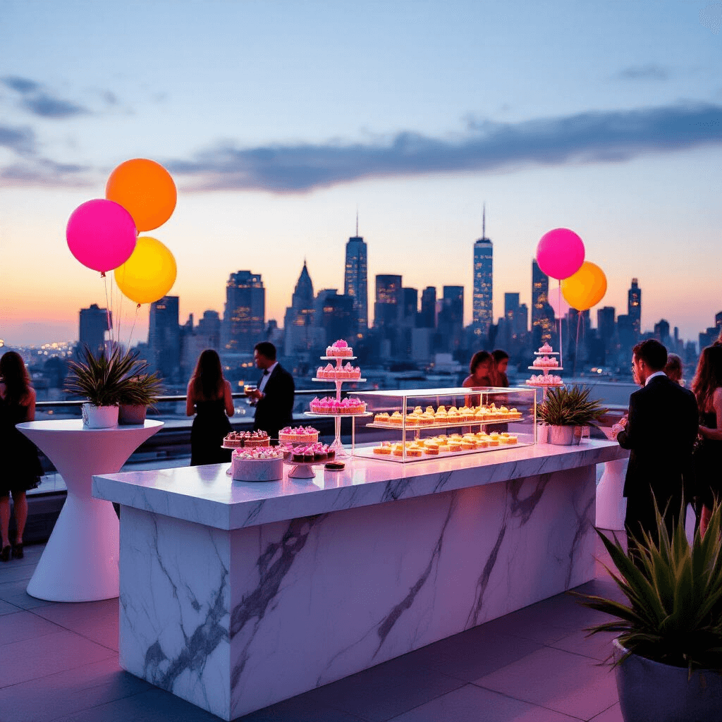 A modern rooftop party at twilight featuring sleek high-top tables and a central cupcake bar with a marble countertop. Neon signs illuminate the scene, complemented by metallic balloons and geometric planters. Stylishly dressed guests are silhouetted against the evening sky, with city lights starting to twinkle in the background.