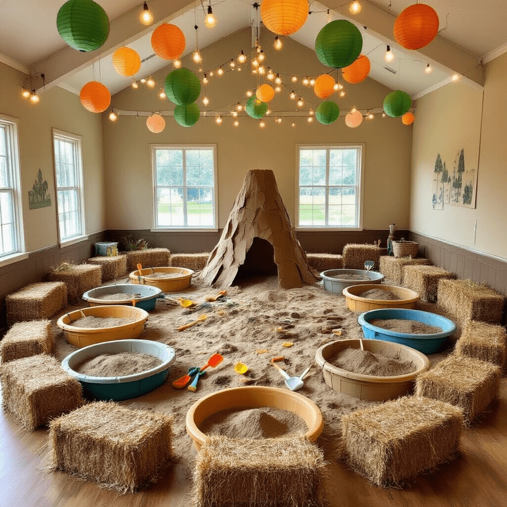 An overhead view of a vibrant 'Dino Dig' sensory experience in a community hall, featuring several sand-filled kiddie pools in a circular arrangement, surrounded by hay bale seating. Tools like plastic shovels and brushes are neatly placed beside each pool. Above, a canopy of string lights and forest green and warm orange paper lanterns create a whimsical ambiance, with a large cardboard volcano as the centerpiece.