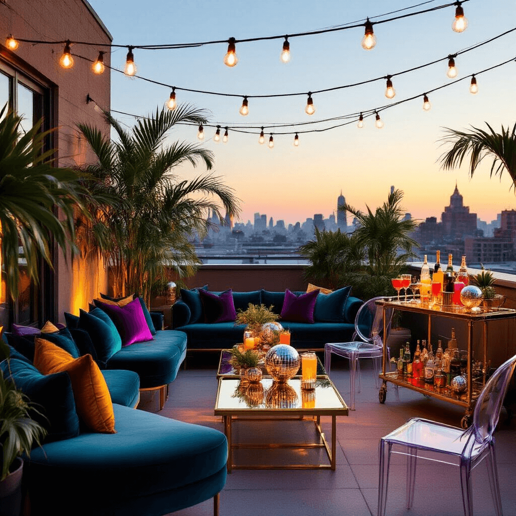 An intimate rooftop terrace styled for a chic disco soirée, featuring golden hour lighting, string lights overhead, plush jewel-toned cushions, sleek acrylic chairs, cocktail tables with mirrored surfaces and geometric terrariums, a gold-accented bar cart with colorful cocktails, potted palm trees, a backdrop of twinkling city lights, and a gold sequin photo wall with 'Disco Fever' in neon pink cursive.