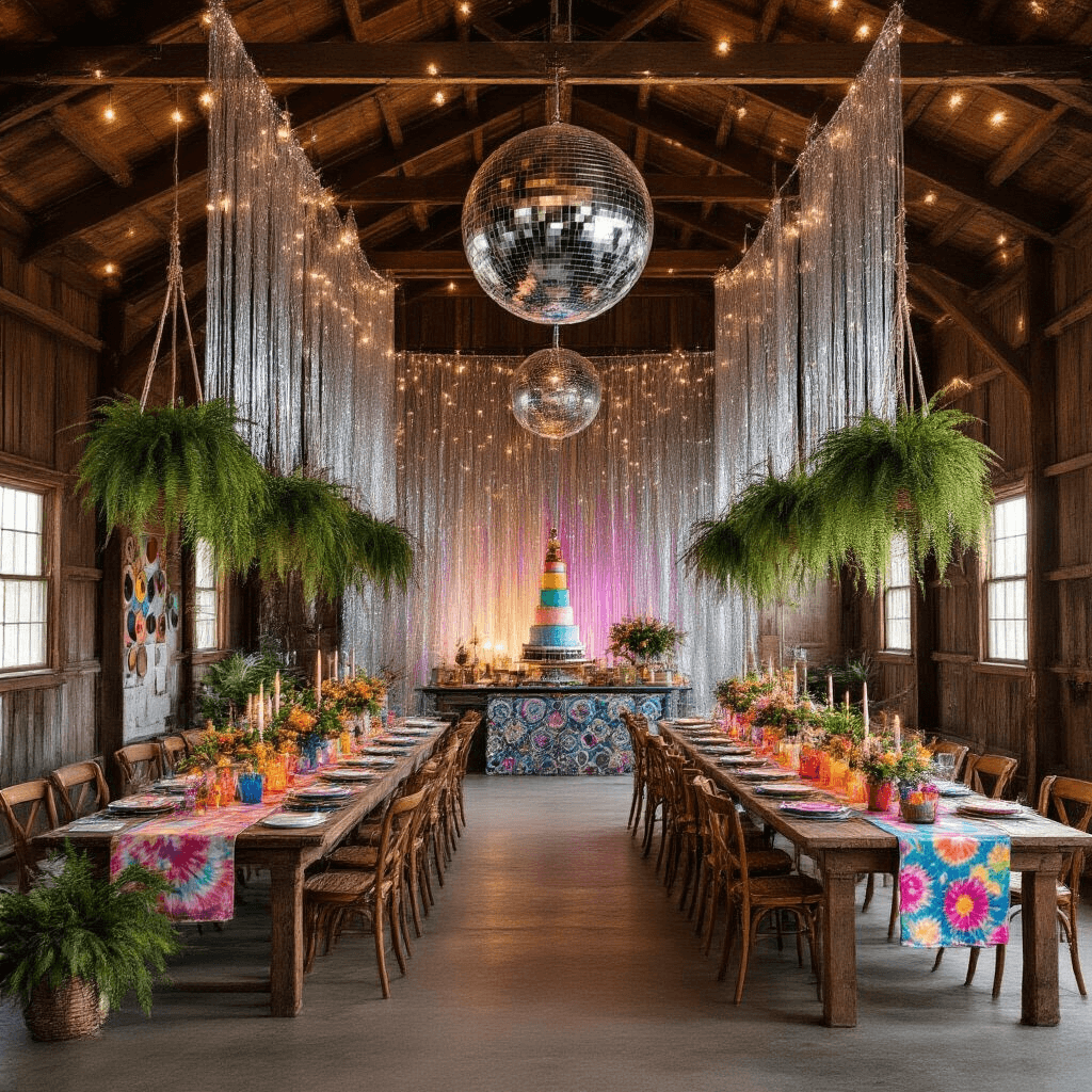 A whimsical disco barn featuring soft candlelight, shimmering tinsel curtains, colorful table settings, lush ferns in macramé hangers, a large disco ball casting patterns, a vinyl record photo booth, and a vibrant dessert station with rainbow cupcakes, alongside cozy mid-century modern lounge areas.