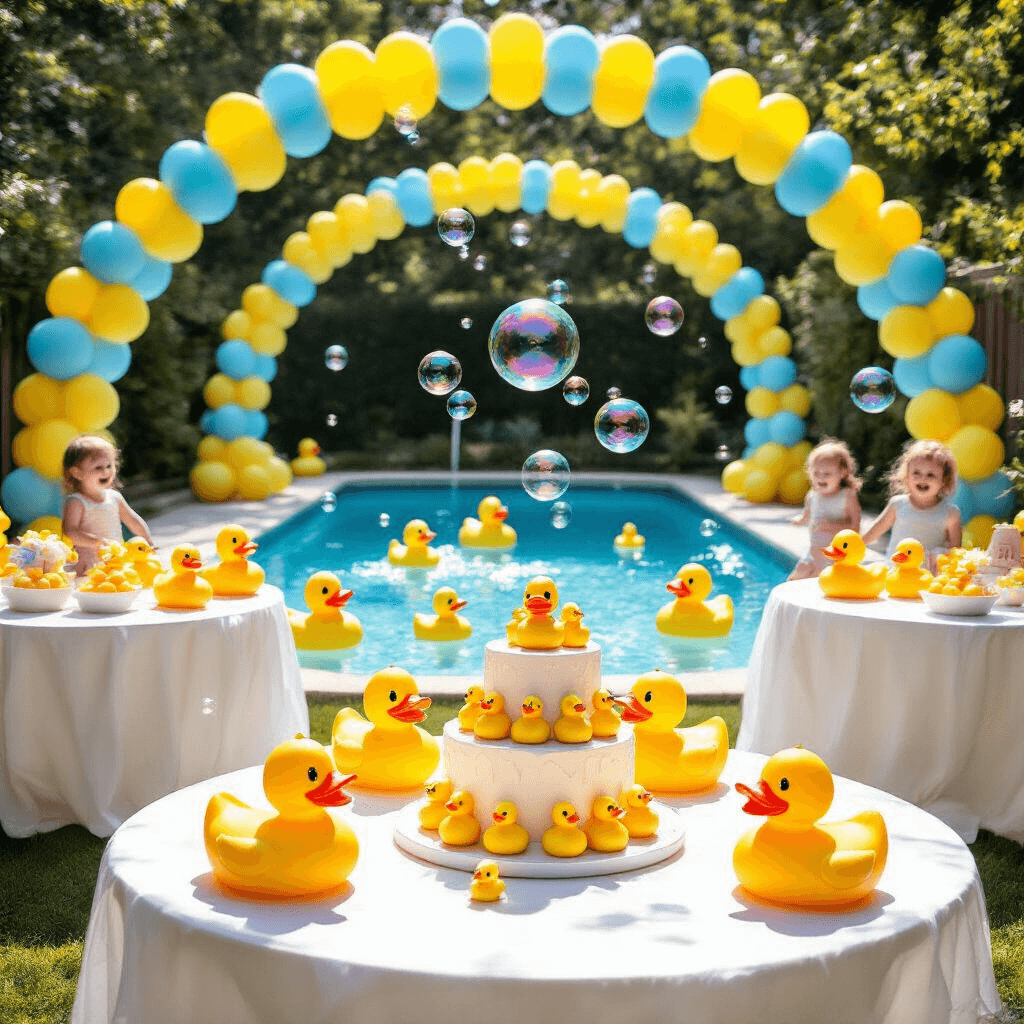 A sunny backyard transformed into a whimsical rubber ducky wonderland, featuring blue and yellow balloon arches, a sparkling pool with oversized rubber ducks, round tables with stacked rubber duck centerpieces, a tiered cake with fondant ducks, and children laughing while chasing iridescent bubbles.