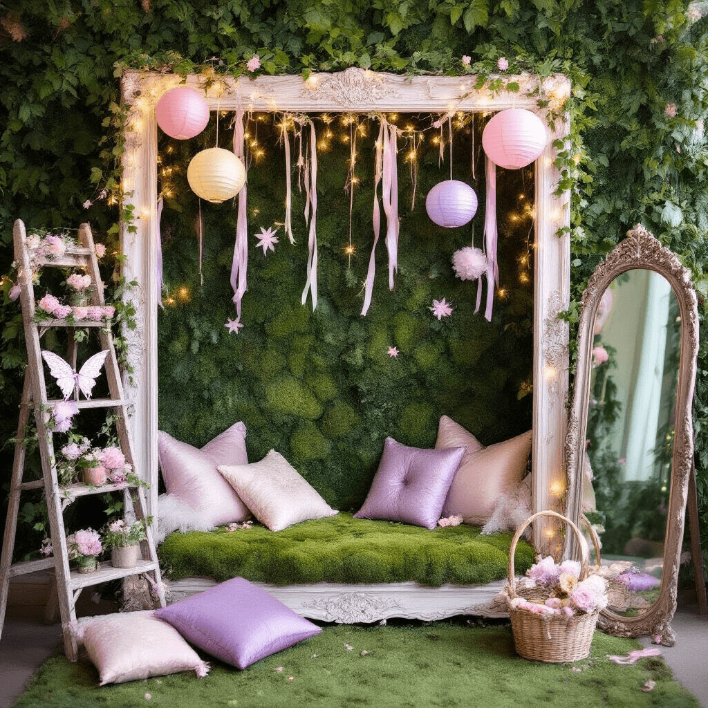 A whimsical fairy-themed photo booth corner featuring a living wall of greenery and flowers, a hand-painted wooden frame with twinkle lights, a moss-covered bench with silk pillows, pastel lanterns, a full-length mirror, and decorative props like fairy wings and flower crowns arranged on a vintage ladder.