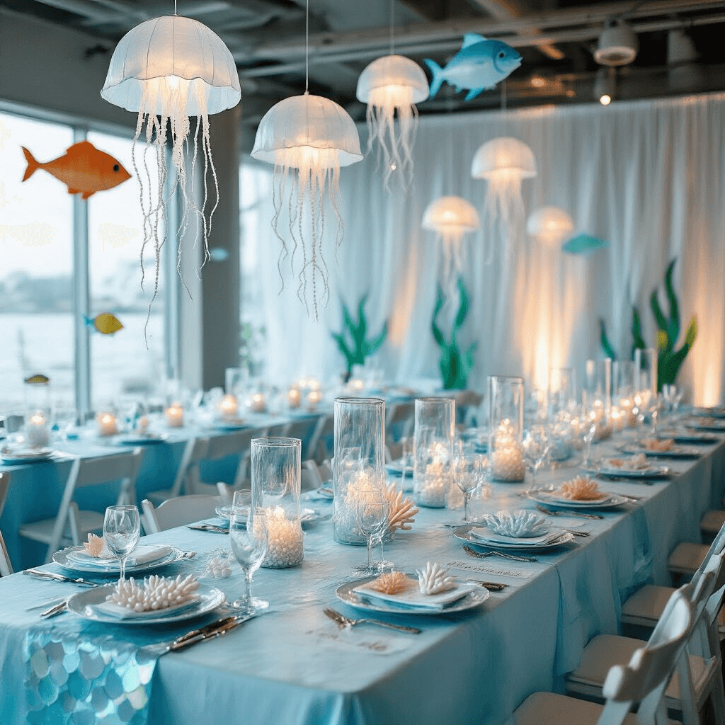 Gone Fishin': The Ultimate Fish-Themed Birthday Party Guide An aerial view of an underwater adventure themed party in a modern space, featuring long tables with ombre blue linens and centerpieces of glass cylinders with floating jellyfish lanterns. Place settings include iridescent mermaid-scale chargers and coral napkin holders, with 'treasure map' menus. Sheer curtains create a wave backdrop, decorated with oversized paper fish and seaweed cutouts, all illuminated by soft, diffused lighting.