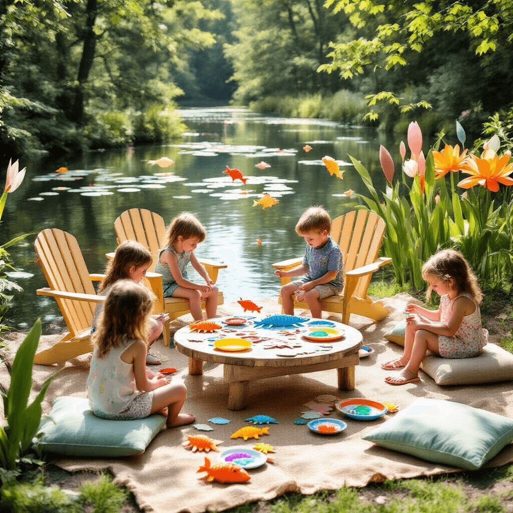 Gone Fishin': The Ultimate Fish-Themed Birthday Party Guide A whimsical garden party by a freshwater lake, featuring children playing a magnetic fishing game by a custom-built pier with miniature Adirondack chairs. In the foreground, a low table surrounded by floor cushions displays a fish-themed craft station adorned with colorful scales and googly eyes. Oversized paper water lilies and cattails decorate the playful backdrop, while dappled sunlight filters through the trees, illuminating burlap table runners and iridescent fish-scale decorations.