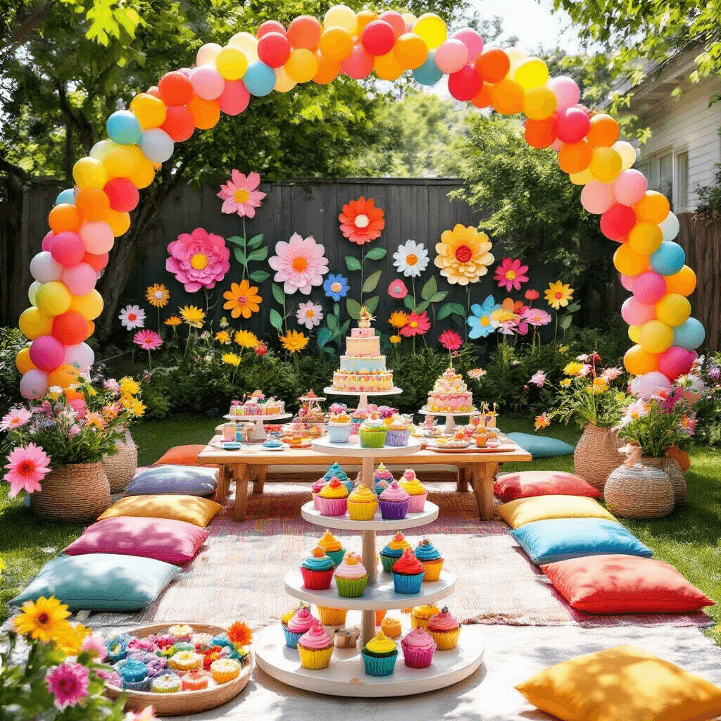 Flower Market Birthday Party: The Ultimate Guide to a Blooming Celebration A vibrant backyard birthday celebration for children, featuring a colorful balloon arch, picnic area with low tables and floor cushions, whimsical paper flowers and pinwheels, a tiered cake stand with rainbow-frosted treats, and a DIY flower crown station, all viewed from a child's eye level.