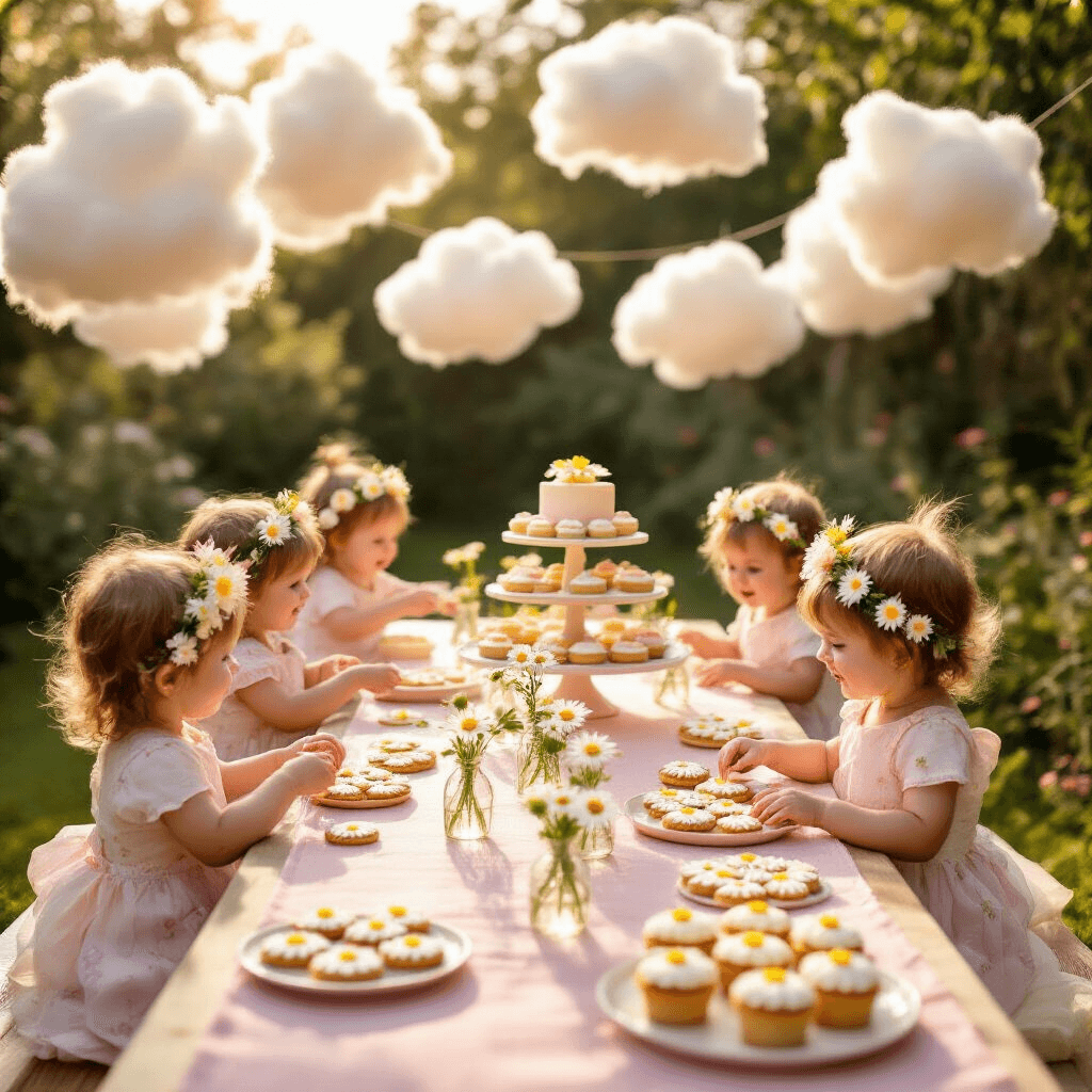 A sunlit garden party for a toddler's birthday featuring a long picnic table with a pastel pink runner, small glass vases with daisies, and soft tulle clouds above. Toddlers in floral crowns decorate daisy-shaped cookies at a craft table, while a tiered cake stand displays colorful cupcakes with buttercream flower designs.