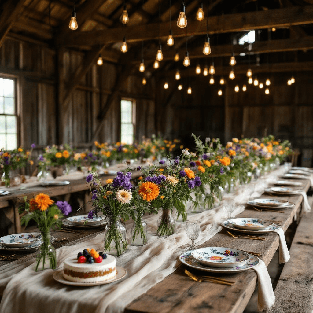 An elegant barn dinner party featuring rustic wooden tables decorated with wildflowers in vibrant colors, warm Edison bulb lighting, hand-painted ceramic plates, gold flatware, and a dessert cart with a naked cake topped with fresh figs and edible flowers.