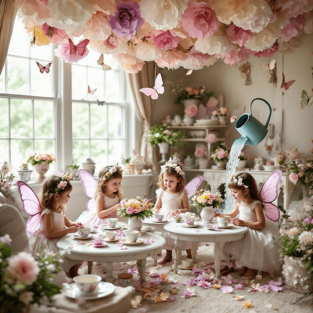 A whimsical indoor garden tea party for a child's birthday, featuring a cozy living room adorned with pastel paper flowers and butterflies, low tables set with vintage teacups and miniature bouquets, a dress-up station with fairy costumes, and a cardboard cutout of a watering can pouring paper flowers, showcasing delighted children exploring the magical scene.