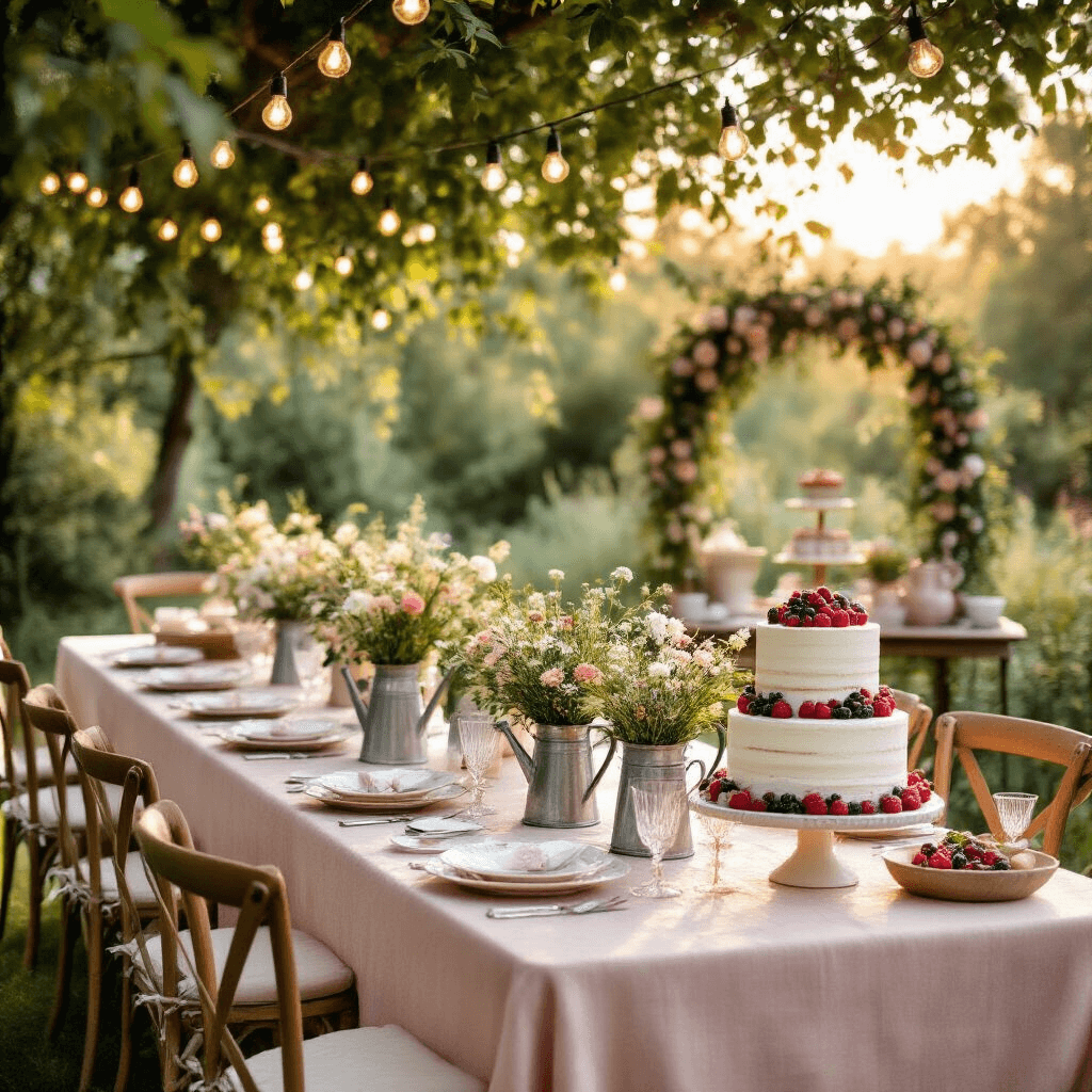 Garden Birthday Party: Your Ultimate Guide to Creating a Magical Outdoor Celebration A golden hour garden party scene featuring a long farmhouse table with mismatched china and crystal glassware, surrounded by lush greenery and illuminated by string lights, vintage watering cans filled with wildflowers as centerpieces, wooden chairs with cream cushions, and a rustic dessert cart displaying a tiered naked cake with fresh berries, alongside a DIY photo booth area with a floral-covered arch and vintage props.