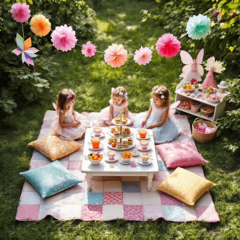 Garden Birthday Party: Your Ultimate Guide to Creating a Magical Outdoor Celebration A whimsical children's garden tea party from an overhead angle, featuring a low table with colorful floor cushions on a patchwork quilt, surrounded by teacups, sandwiches, and candy. Oversized paper flowers, pinwheels, and a pom-pom garland create a playful atmosphere, while a dress-up station with fairy wings and flower crowns invites imaginative play under soft daylight.