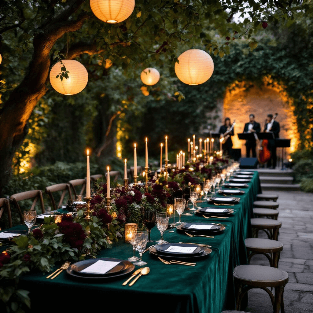 Garden Birthday Party: Your Ultimate Guide to Creating a Magical Outdoor Celebration A luxurious evening garden soirée featuring long tables with emerald velvet tablecloths, illuminated by gold taper candles and paper lanterns, adorned with black matte plates, gold cutlery, and burgundy floral garlands, while a jazz band plays against an ivy-covered stone wall.
