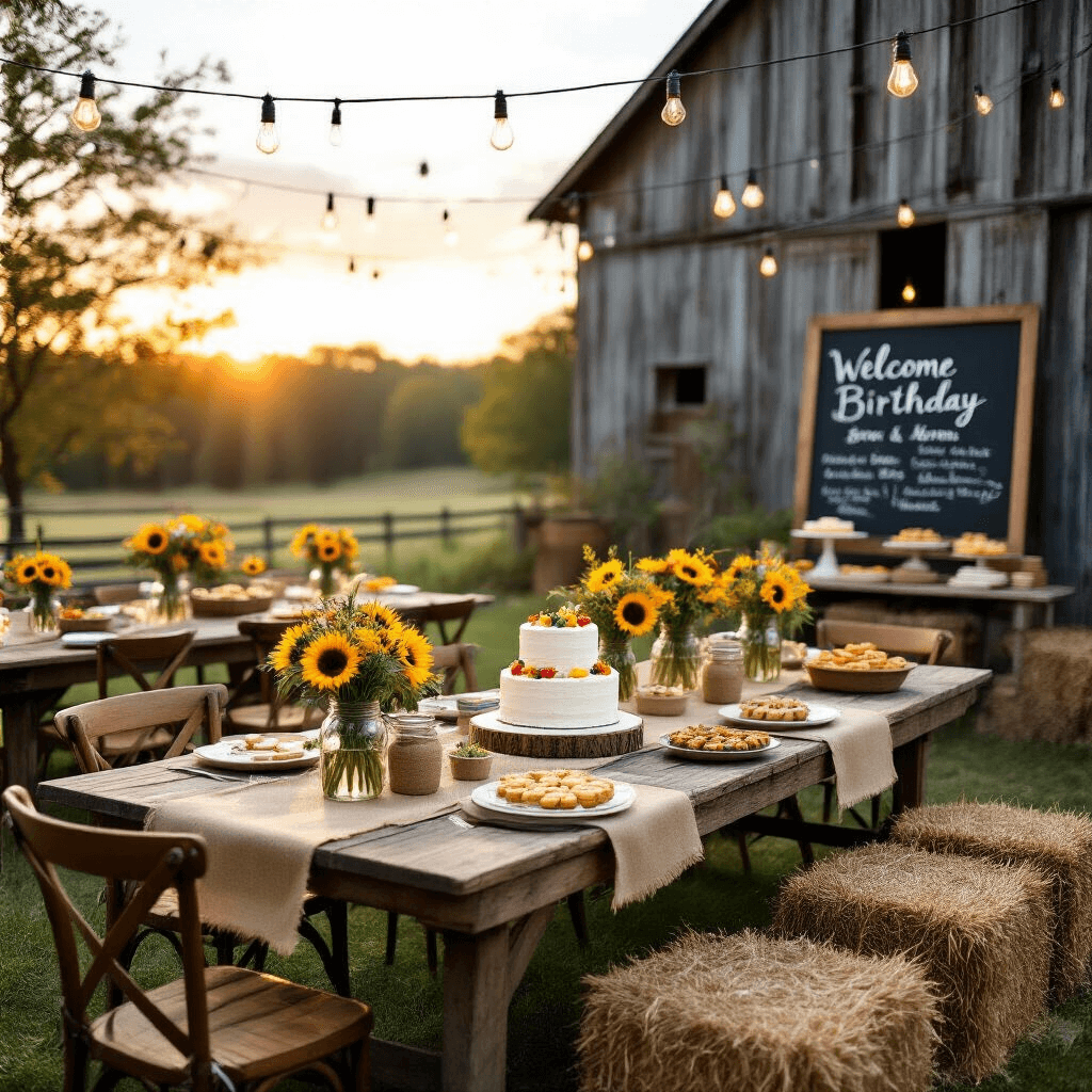 Garden Birthday Party: Your Ultimate Guide to Creating a Magical Outdoor Celebration A rustic-chic outdoor birthday celebration with wooden farm tables, burlap runners, and mason jars of flowers amidst a weathered barn backdrop, featuring mismatched chairs, hay bales, Edison bulb lighting, a chalkboard welcome sign, and a dessert table with a naked cake and homemade pies.