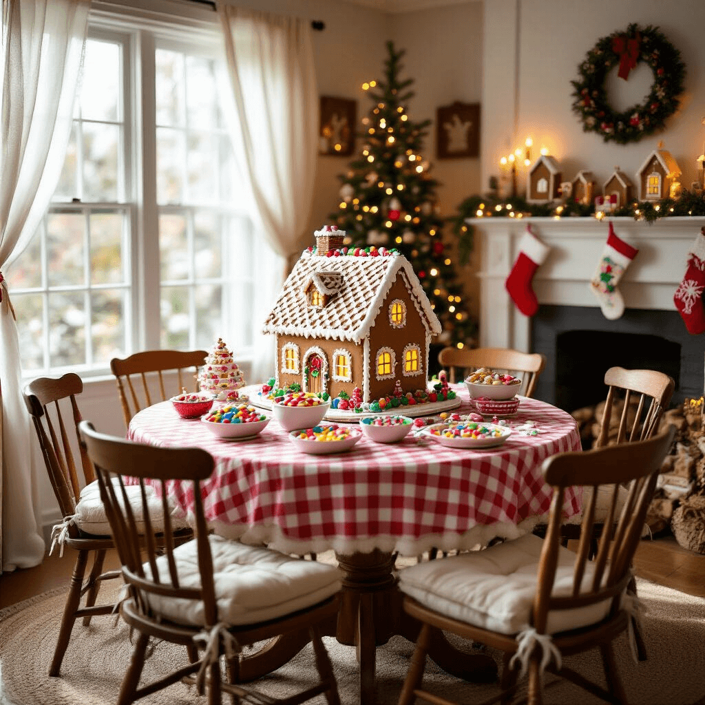 A cozy living room transformed into a whimsical gingerbread wonderland, featuring a large circular table with a red and white gingham tablecloth, an elaborate gingerbread house, bowls of colorful candies, and rustic wooden chairs with plush cushions, all illuminated by soft morning light and twinkling fairy lights.