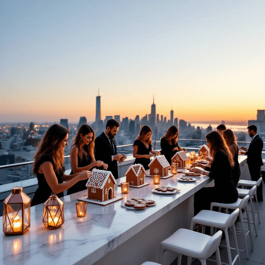 A panoramic view of a chic rooftop terrace decorated for gingerbread decorating, featuring sleek white tables with minimalist kits and metallic candies, illuminated by geometric copper lanterns against a city skyline at sunset. Guests in stylish attire mingle and create gingerbread houses, with a marble bar showcasing gingerbread-inspired cocktails.