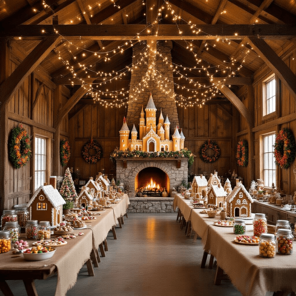 Aerial view of a rustic barn interior transformed into a festive gingerbread village, featuring long tables with burlap runners displaying gingerbread houses, mason jars of candy, and a grand gingerbread castle by a stone fireplace, all under twinkling fairy lights and adorned with cinnamon wreaths.
