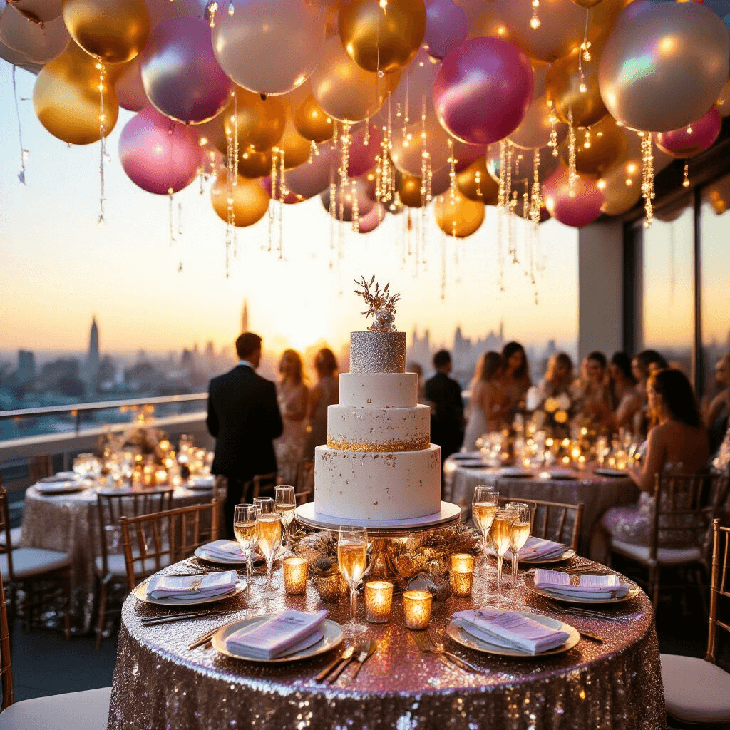 A vibrant rooftop terrace decorated for a birthday celebration, featuring shimmering sequin-draped tables, an array of iridescent balloons, and fairy lights. A lavish dessert table with a glittery tiered cake stands out, complemented by sparkling cocktails in champagne flutes. The golden hour casts a warm light over guests in glamorous attire, creating a festive and magical atmosphere against the cityscape backdrop.