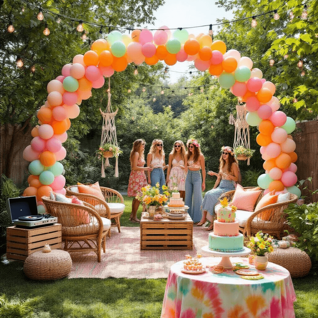 Groovy Birthday Party: A Retro Celebration of Color and Fun A vibrant '70s themed backyard party featuring a pastel balloon arch, rattan furniture, macramé hangers, a vintage record player, fairy lights, and a colorful dessert table with a tie-dye tablecloth, surrounded by guests in flared jeans and flower crowns.