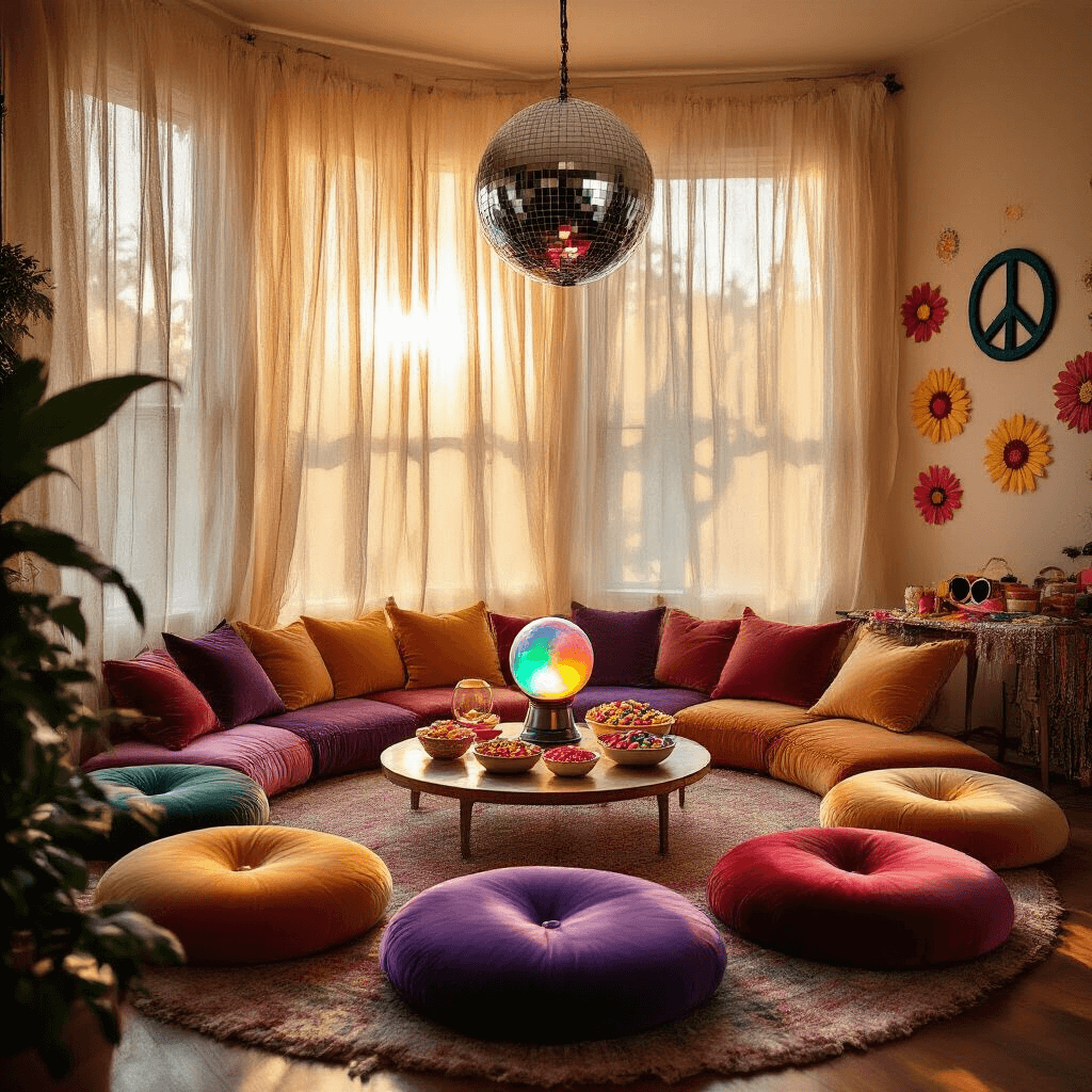 Groovy Birthday Party: A Retro Celebration of Color and Fun A cozy living room bathed in golden hour light, featuring a disco ball, circular lounge area with jewel-toned velvet cushions, a low table with a lava lamp and snacks, hand-painted daisy chains on the walls, and a DIY photo booth with fun props.