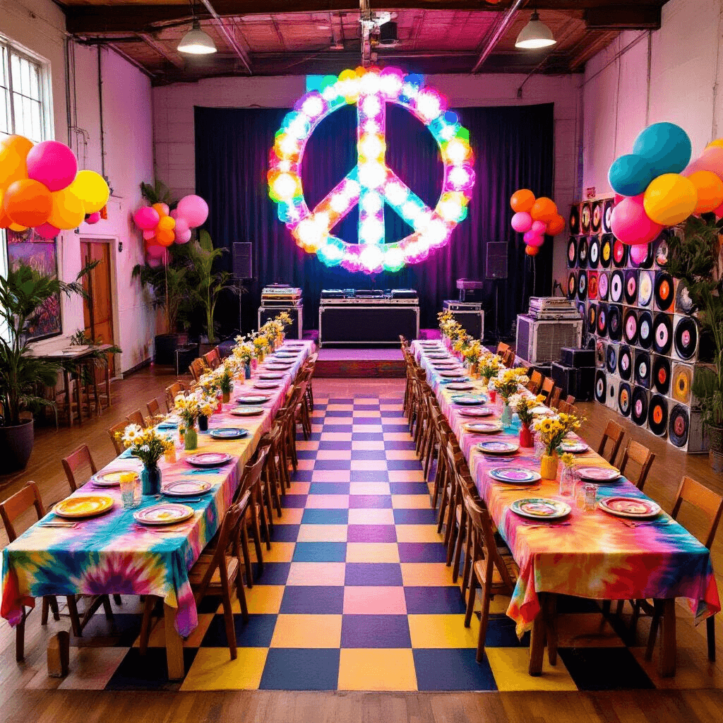 Groovy Birthday Party: A Retro Celebration of Color and Fun Overhead view of a vibrant community hall decorated with tie-dye tablecloths, mismatched vintage plates, and flower centerpieces, featuring a large peace sign balloon installation, a vinyl record backdrop, a colorful checkerboard dance floor, and a DJ booth made of milk crates, all enhanced by neon signage.