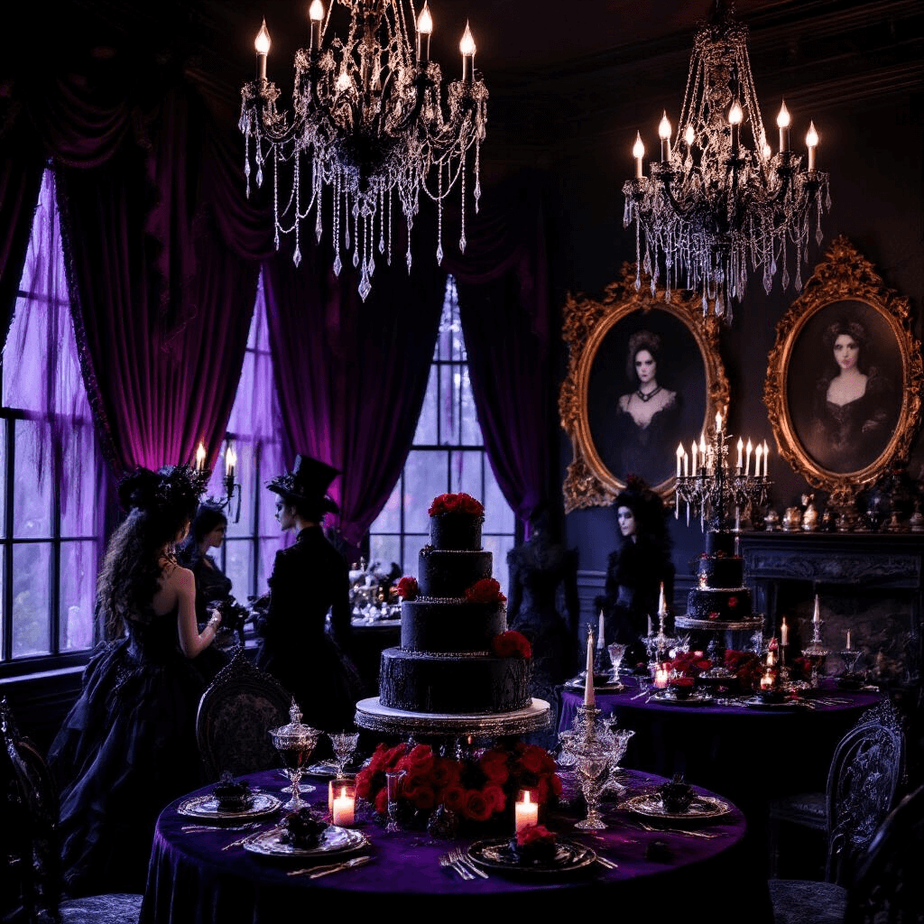 A dimly lit Victorian-style parlor decorated for a Gothic Glam Halloween birthday, featuring black chandeliers with crystal spiderwebs, deep purple velvet drapes, round tables with silver candelabras and blood-red roses, spooky portraits in antique frames, and a grand dessert table with a tiered black cake and themed treats, while guests in Victorian costumes mingle among flickering candlelight.