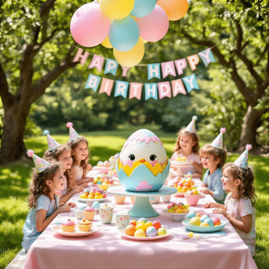 Magical Hatchimals Birthday Party: The Ultimate Guide to Creating an Egg-citing Celebration! A whimsical outdoor birthday party featuring a pastel-themed picnic table with a giant Hatchimal egg cake, colorful balloons, themed cupcakes, and children engaging in an egg hunt, all set in a sunlit backyard.