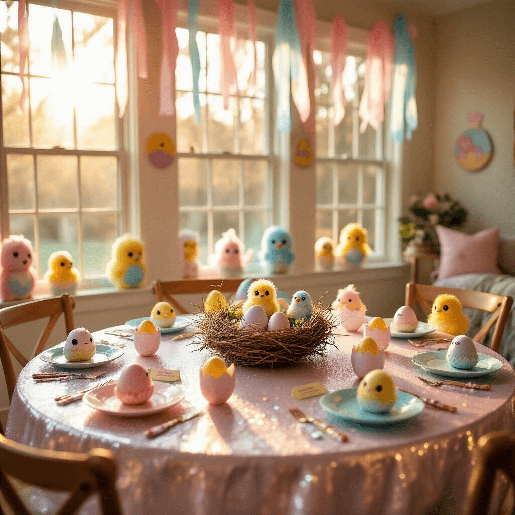 Magical Hatchimals Birthday Party: The Ultimate Guide to Creating an Egg-citing Celebration! An intimate indoor Hatchimals party scene with warm golden hour light, featuring pastel decorations, a rounded table with an egg-speckled tablecloth, a DIY centerpiece with Hatchimal toys, themed place settings, and a cart of colorful treats.