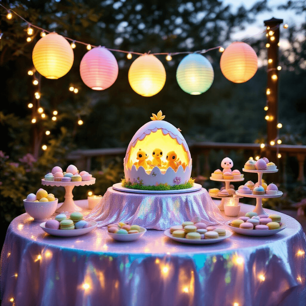 Magical Hatchimals Birthday Party: The Ultimate Guide to Creating an Egg-citing Celebration! A whimsical twilight party scene featuring a dessert table adorned with a Hatchimals-themed cake, sparkling sparklers, and colorful treats, surrounded by delighted children amidst glowing string lights and paper lanterns.