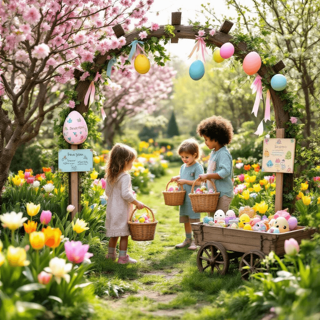 Magical Hatchimals Birthday Party: The Ultimate Guide to Creating an Egg-citing Celebration! A vibrant spring garden during an egg hunt challenge, featuring children searching for hidden Hatchimals toys among lush flowerbeds, with colorful cracked egg signposts and a rustic archway leading to a secret area. A vintage cart overflowing with Hatchimals-themed prizes is in the foreground, illuminated by soft morning light.