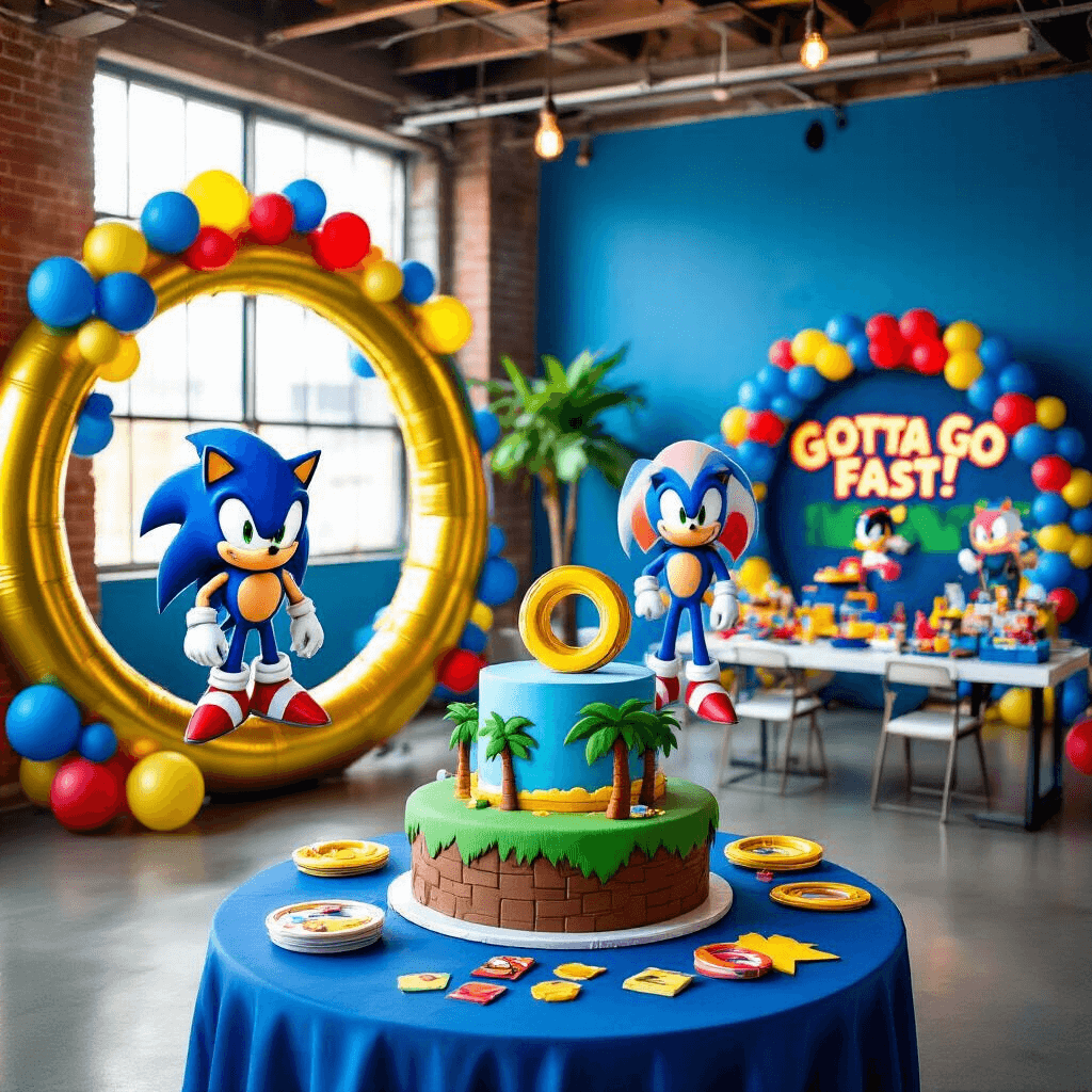 Hedgehog Birthday Party: The Ultimate Guide to Crafting a Magical Celebration An action-packed Sonic the Hedgehog party in a vibrant loft with blue walls, featuring oversized gold rings, a Green Hill Zone cake, gaming stations, and a photo booth with pixelated backdrop and prop rings. Neon signs read 'Gotta Go Fast!'