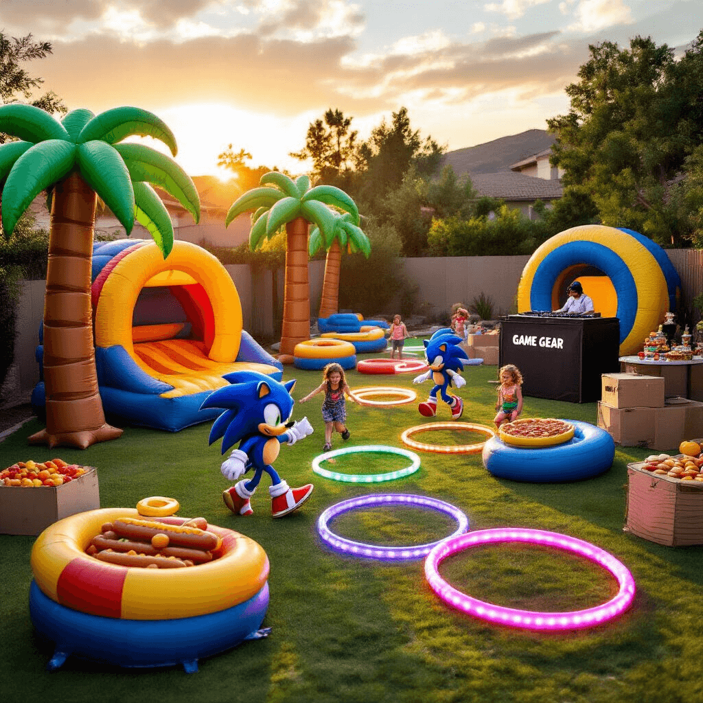 Hedgehog Birthday Party: The Ultimate Guide to Crafting a Magical Celebration A vibrant backyard birthday party themed around Sonic the Hedgehog, featuring inflatable palm trees, cardboard loop-de-loops, a bounce house styled as Dr. Robotnik's lair, children racing through an obstacle course, a DJ booth shaped like a Game Gear, and a food station with chili dogs and blue raspberry slushies, all illuminated by LED-lit hula hoops at sunset.